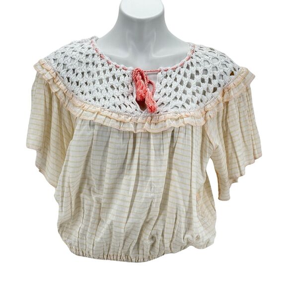Free People Women’s Allora white peach combo Flutter ruffled blouse Sz M NEW $98 - Picture 1 of 10